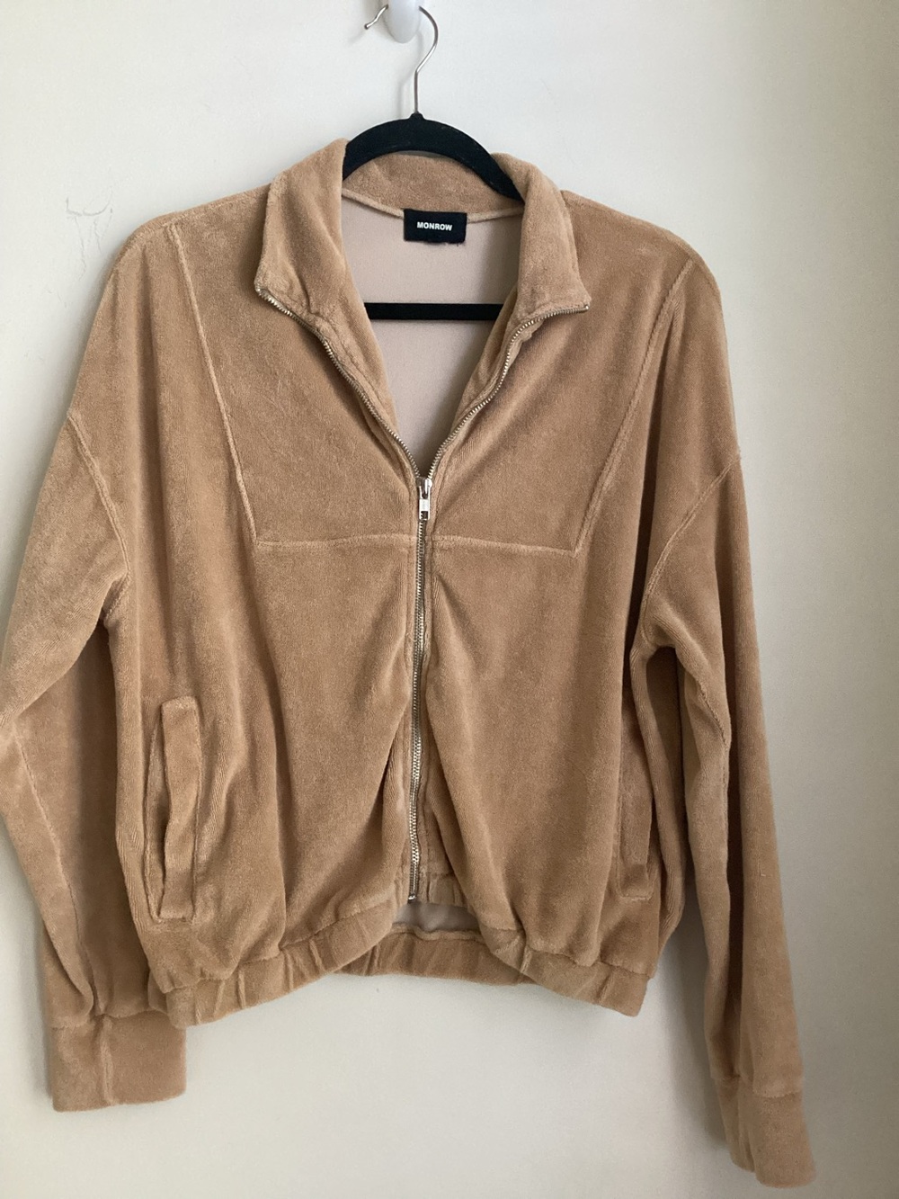 MONROW Terry Cloth Track Jacket Size Small Tan Camel Zip Up Athleisure Luxury